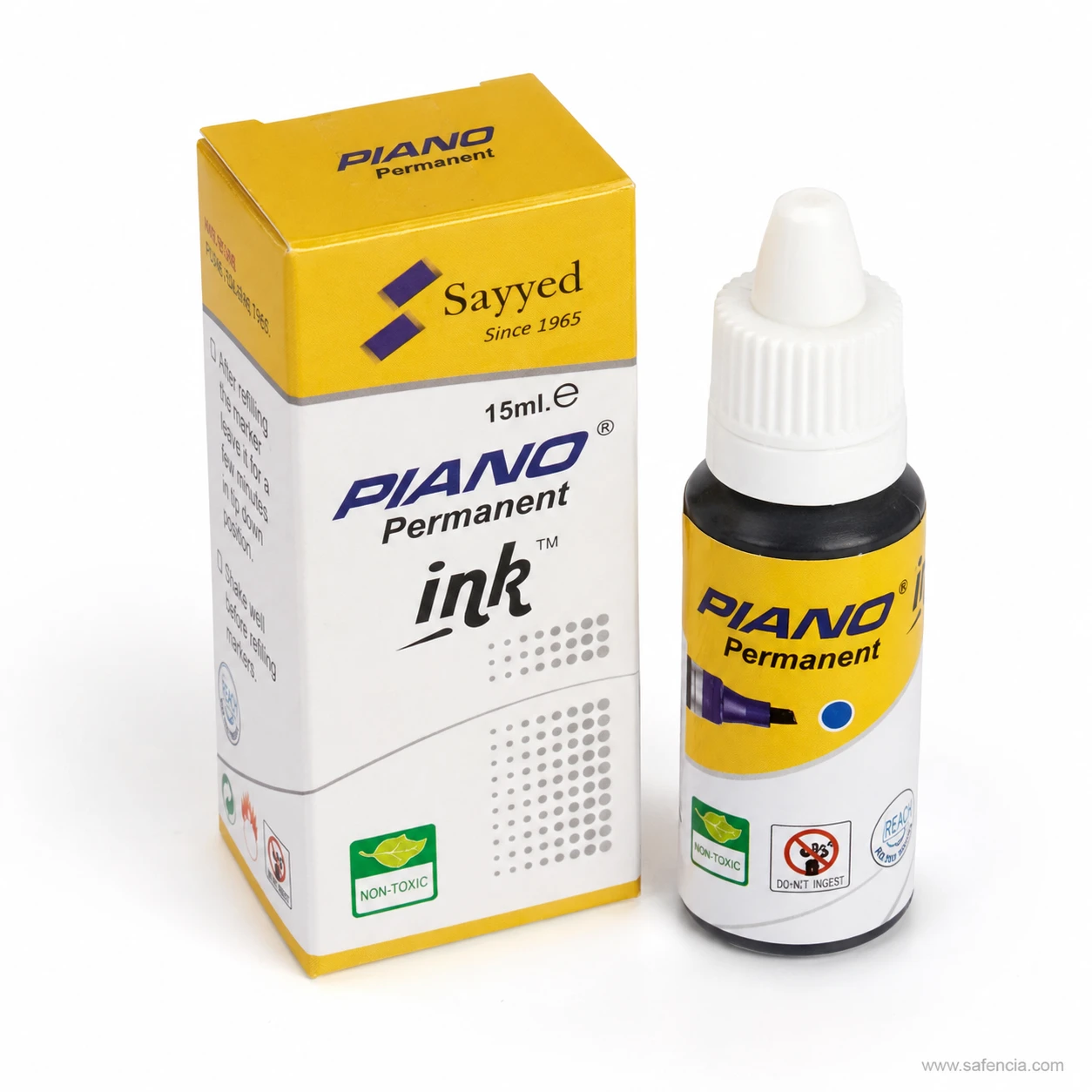 Piano permanent marker ink carton showing the green non-toxic leaf mark and warning pictograms