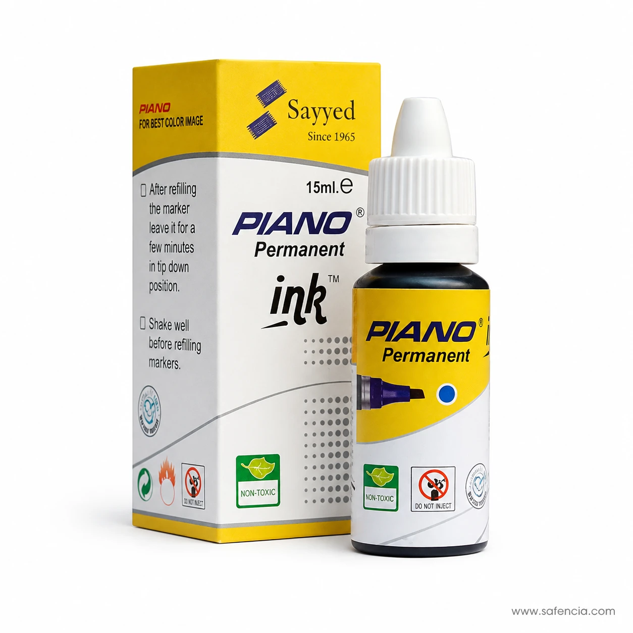 Piano permanent marker ink carton side panel printed with shake well and tip-down refilling instructions