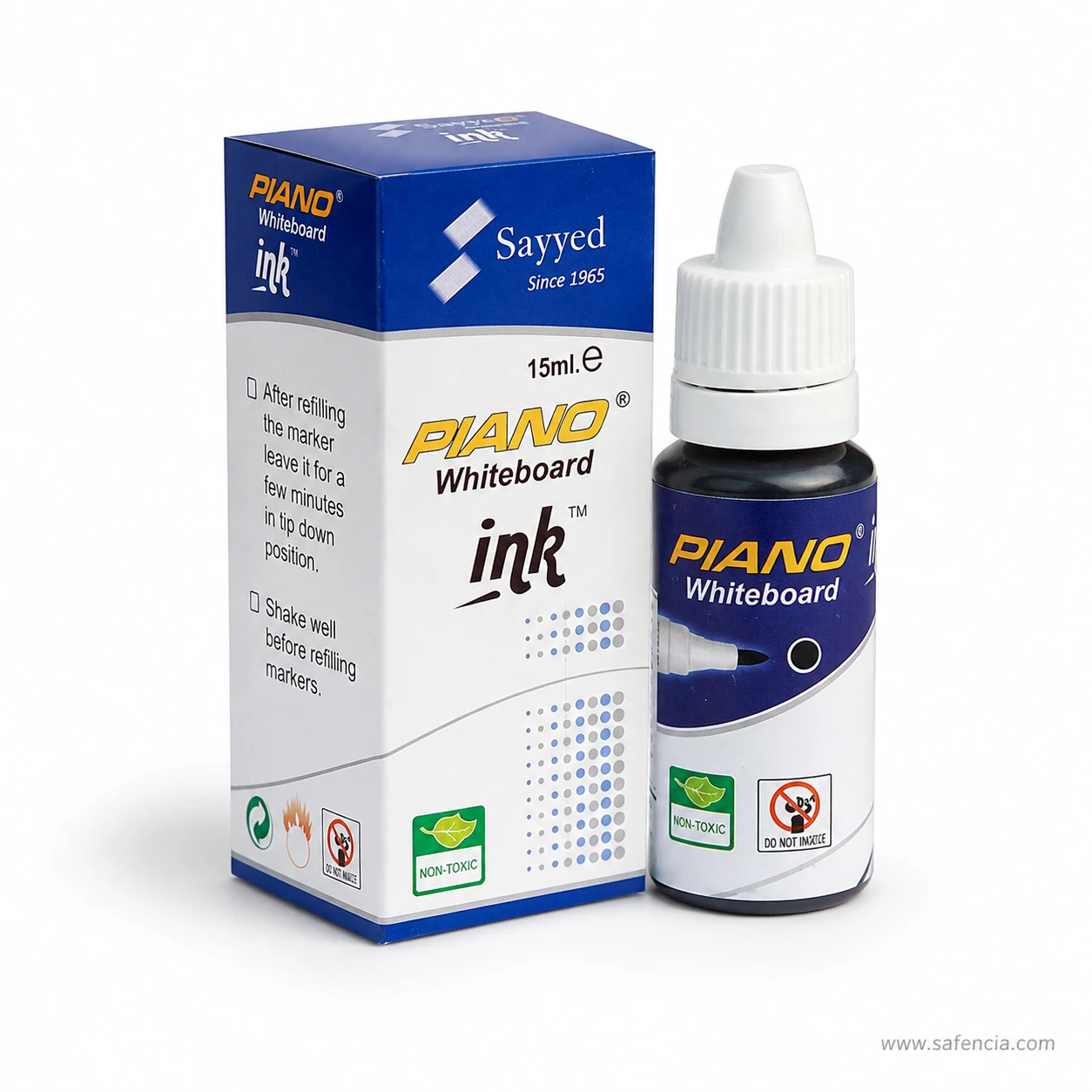 Piano whiteboard marker ink bottle with a black colour dot standing beside the blue printed carton