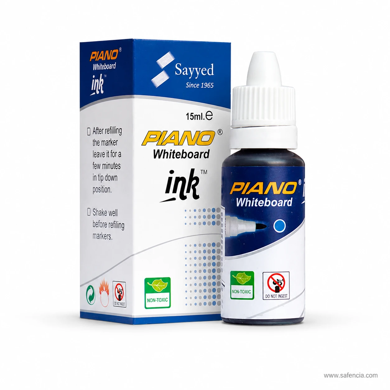 Close view of the Piano whiteboard ink bottle's white tapered dropper nozzle cap