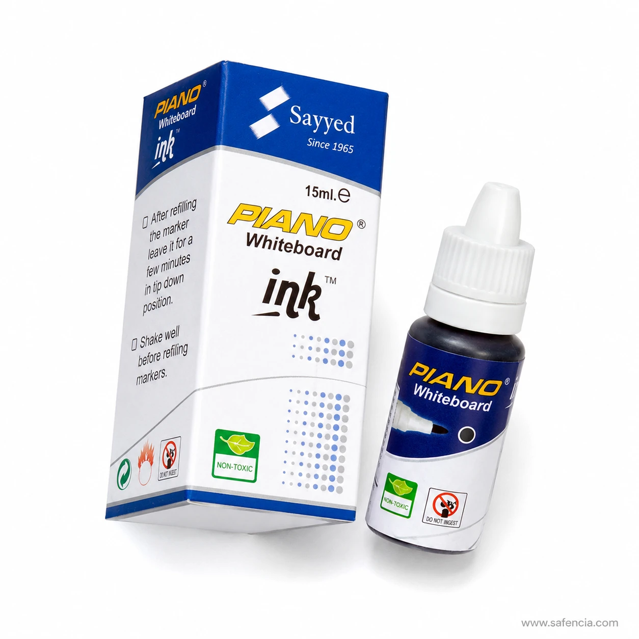 Piano whiteboard marker ink carton and bottle showing the green non-toxic leaf mark