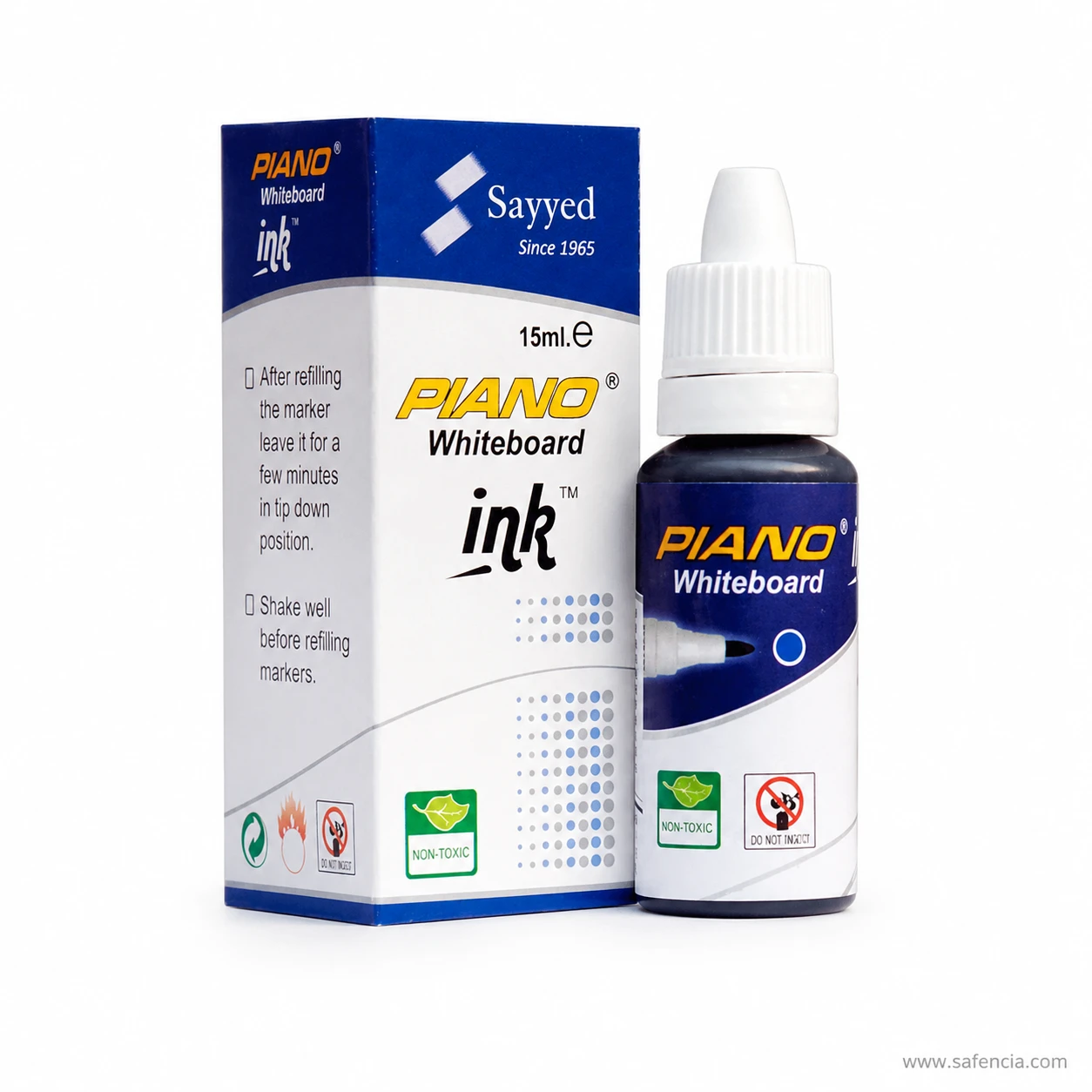 Piano whiteboard marker ink carton side panel with shake well and tip-down refilling instructions
