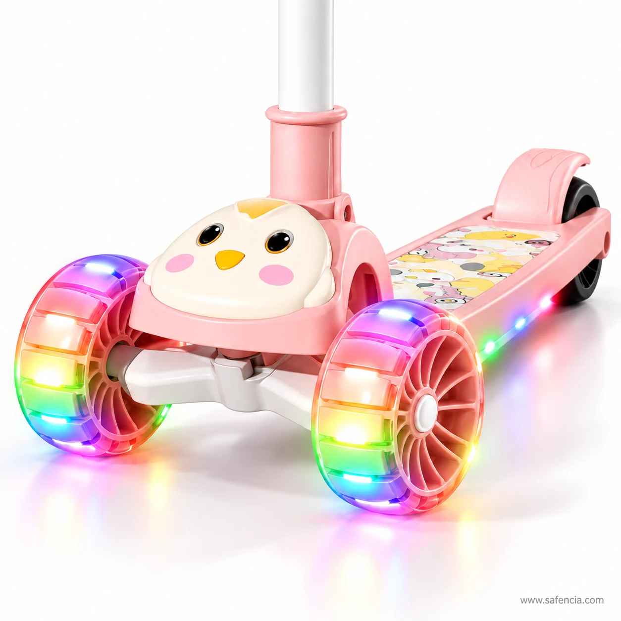 Close-up of the chick face on the pink kids scooty between two rainbow flashing front wheels