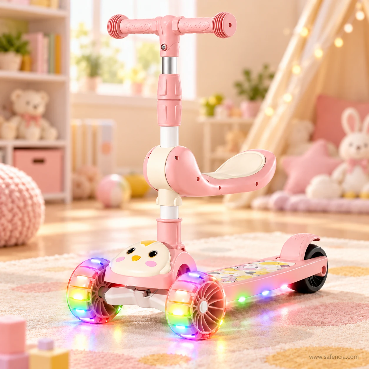 Pink chick kids scooty with seat standing in a pastel nursery with soft toys and shelves