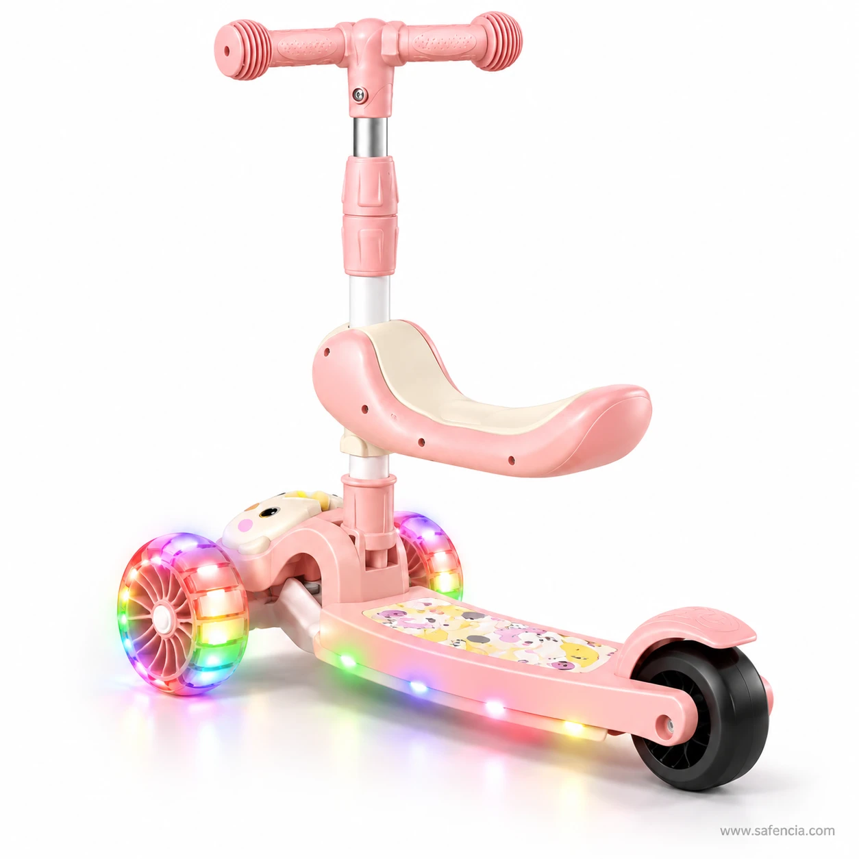 Side view of the pink chick kids scooty showing the seat above the deck and the rear wheel
