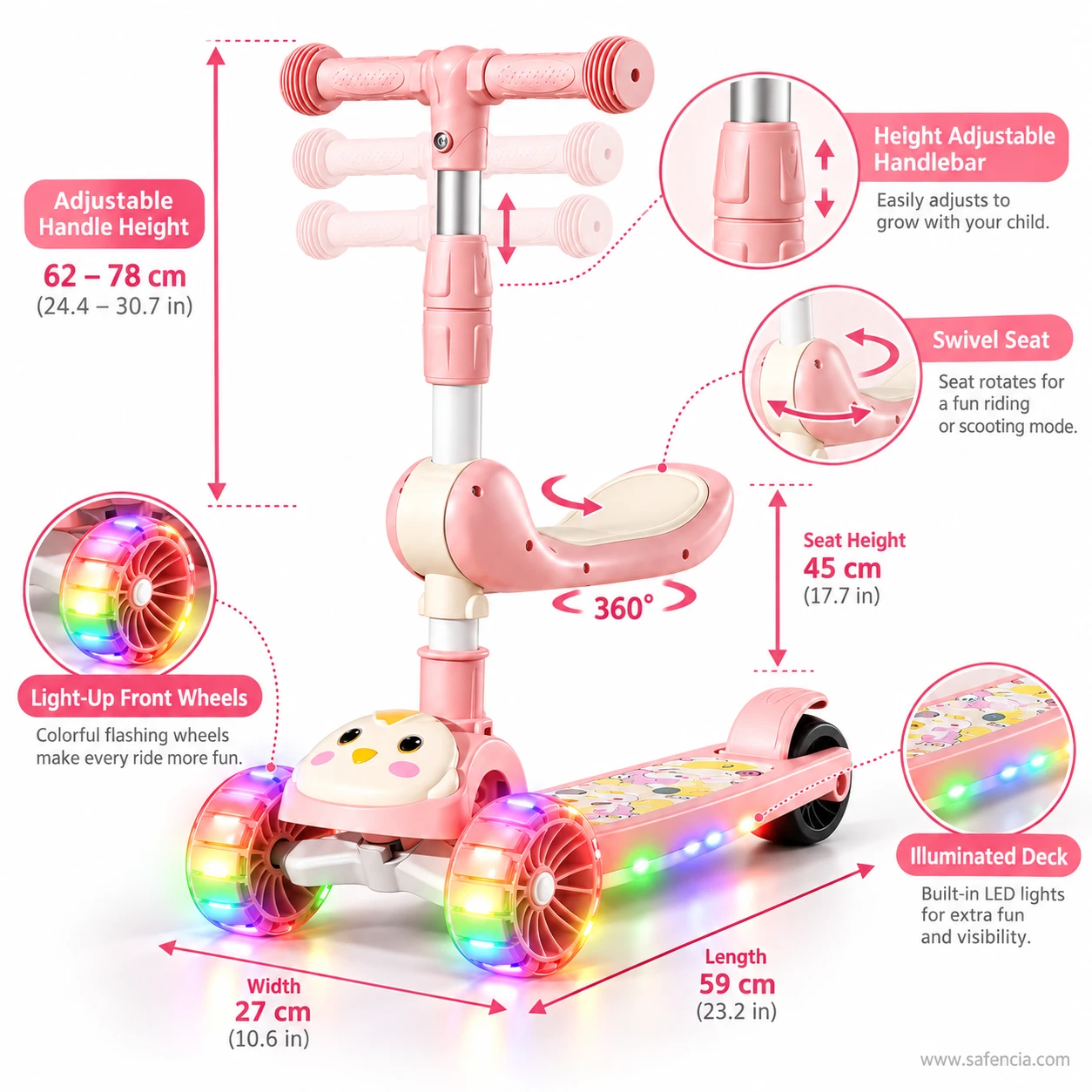 Feature panel of the pink chick kids scooty: adjustable handlebar, 360 degree swivel seat, lit wheels and deck