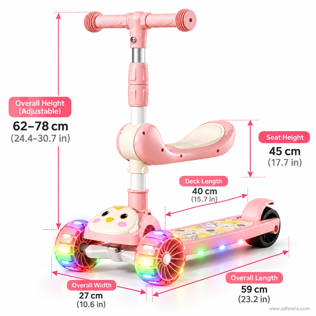 Size chart of the pink chick kids scooty with seat: 62-78 cm handle, 40 cm deck, 27 cm width, 59 cm length