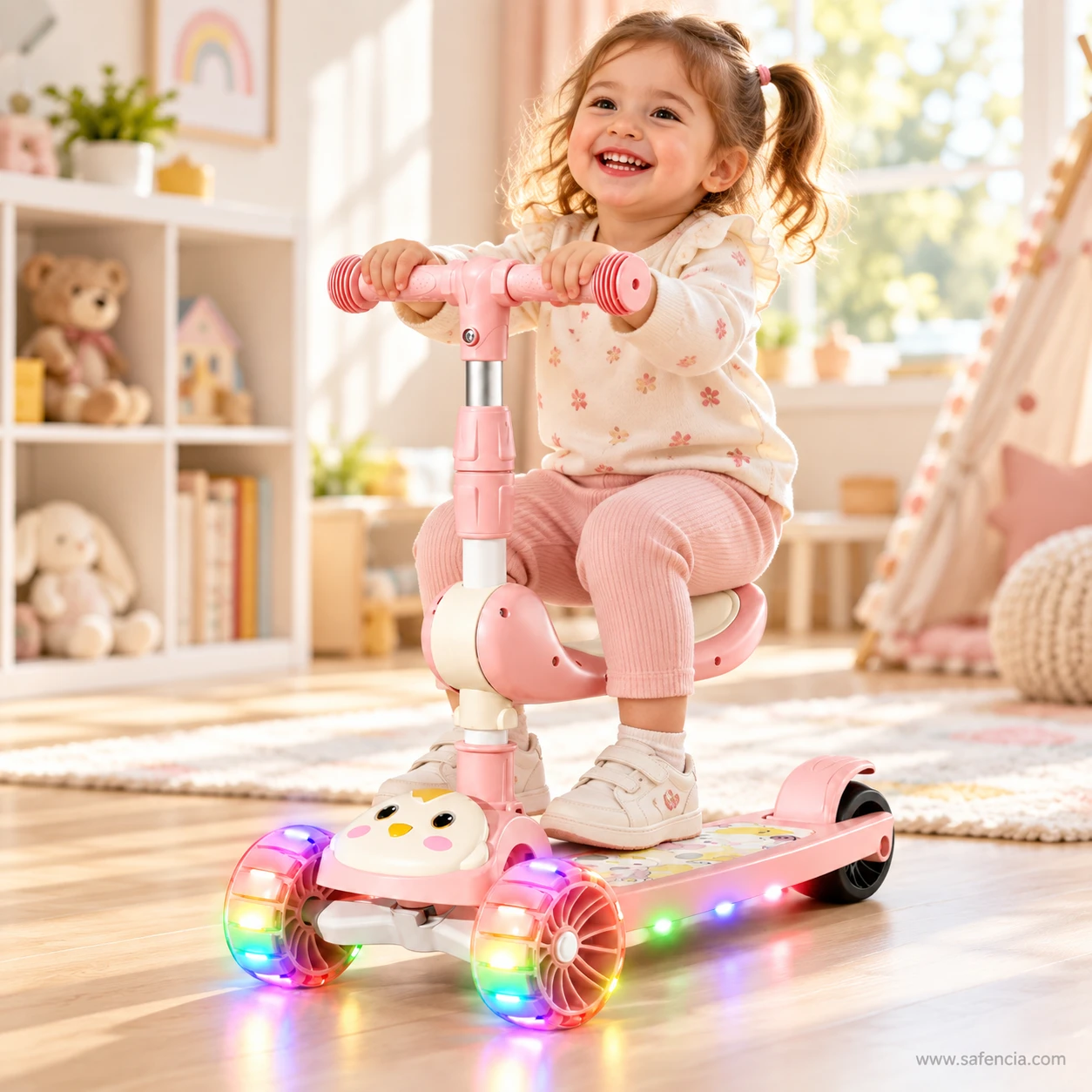 Laughing toddler girl sitting on the seat of the pink chick kids scooty with its wheels lit