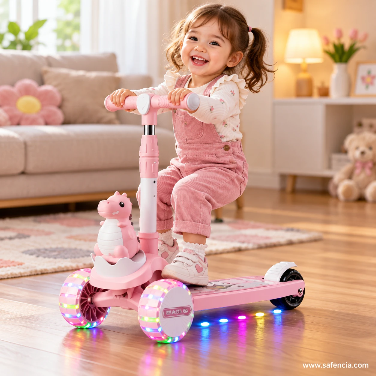Laughing toddler girl in pink riding the pink dinosaur kids scooty in a living room