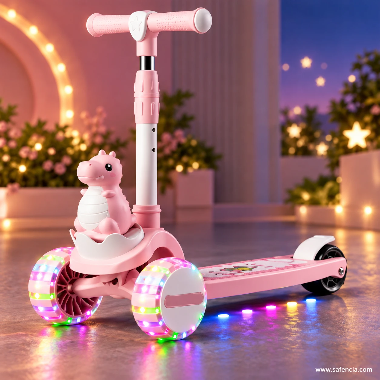 Pink dinosaur kids scooty glowing in a dim room at night with fairy lights behind it
