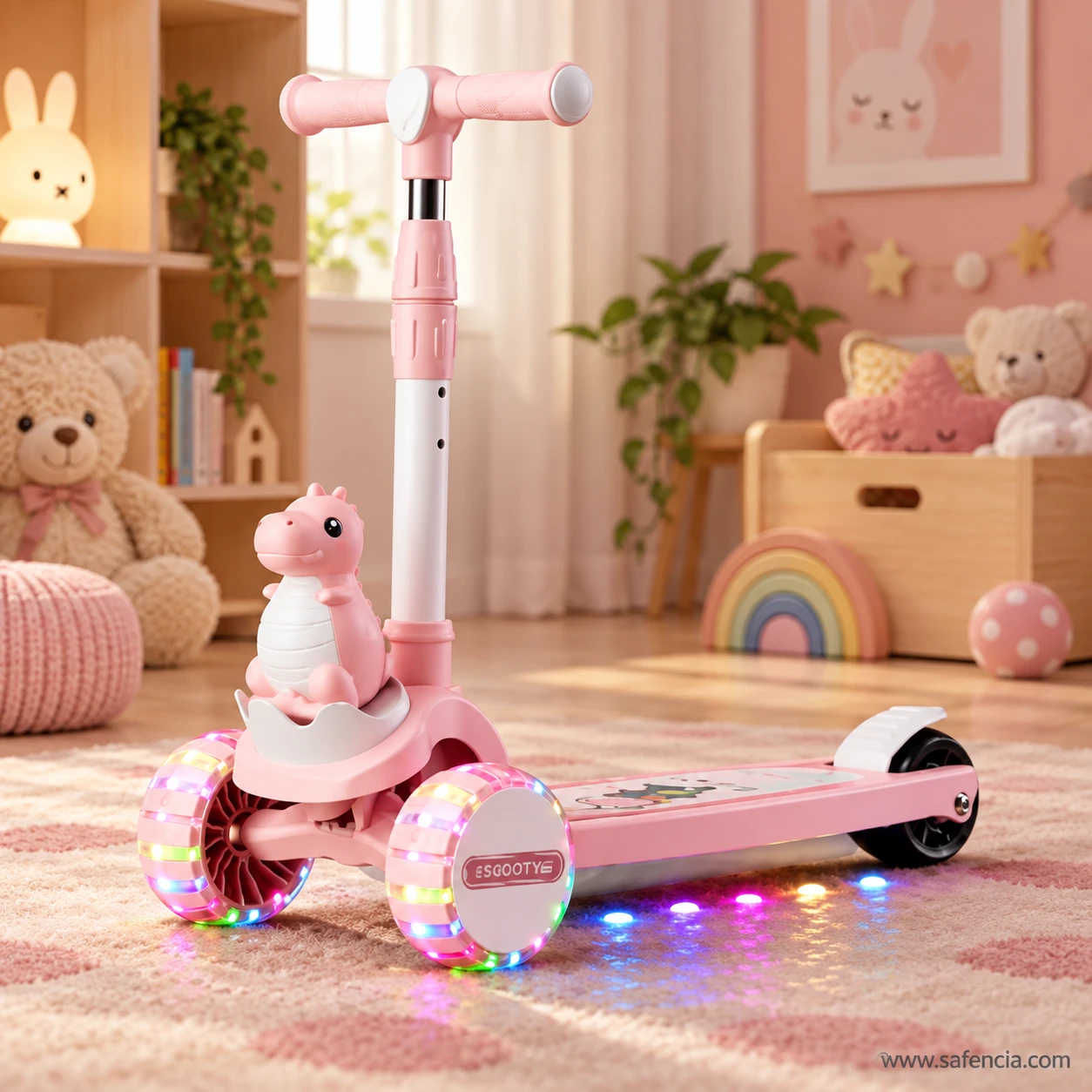 Pink dinosaur kids scooty standing on a rug in a playroom with a teddy bear and rainbow toy
