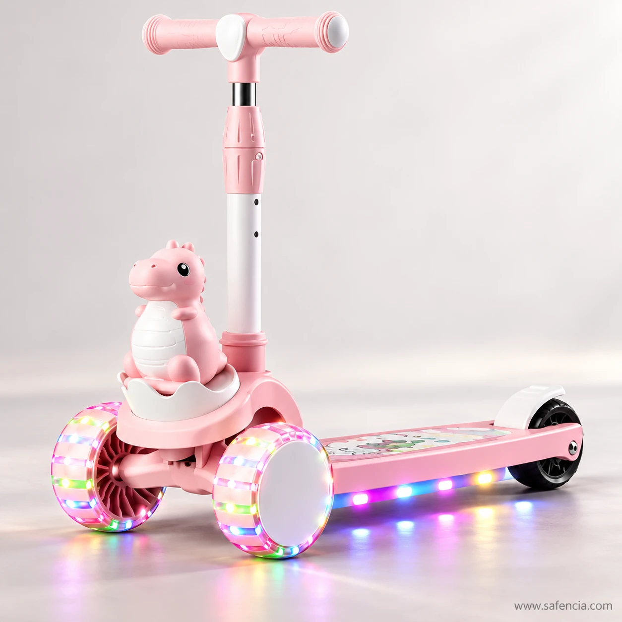 Pink dinosaur kids scooty on a grey studio background with the deck lights glowing on the floor