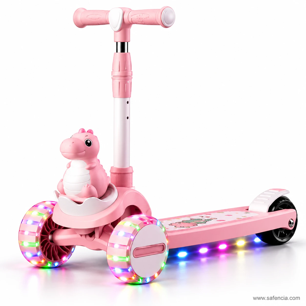 Pale pink dinosaur kids scooty at three-quarter view with the dinosaur figure and lit wheels