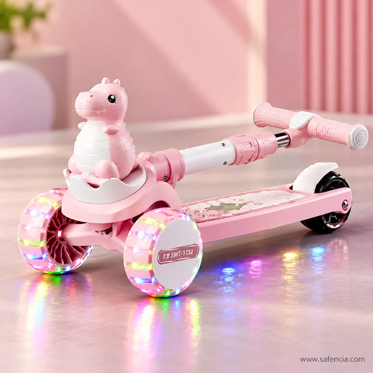 Pink dinosaur kids scooty on a pink background showing the wide flashing front wheels
