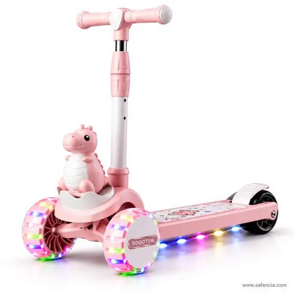 Pink Dinosaur Kids Scooty with Wide Light-Up Wheels and Music