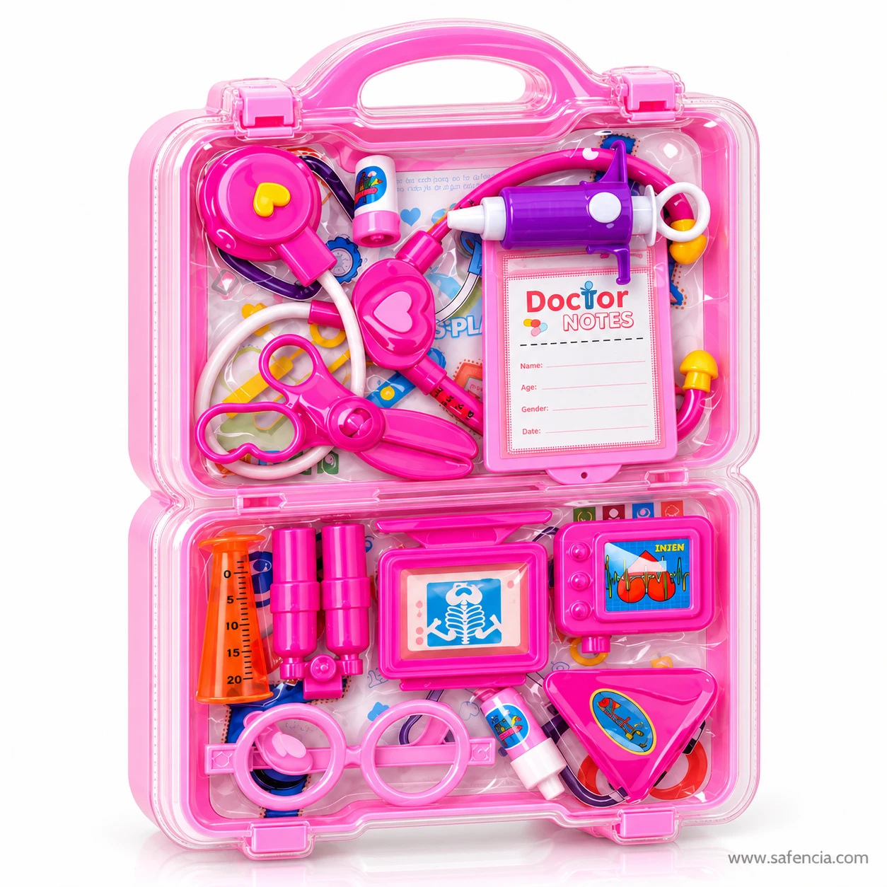 Pink doctor kit carry case standing upright with its top handle, clear lid and the toy doctor tools packed inside