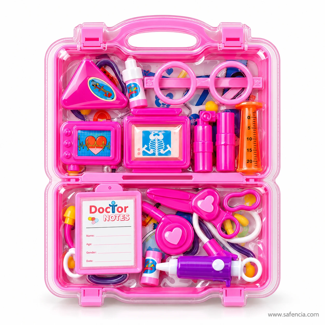 Open pink doctor kit case showing the heart monitor screen, x-ray viewer, glasses, medicine bottles and Doctor Notes pad