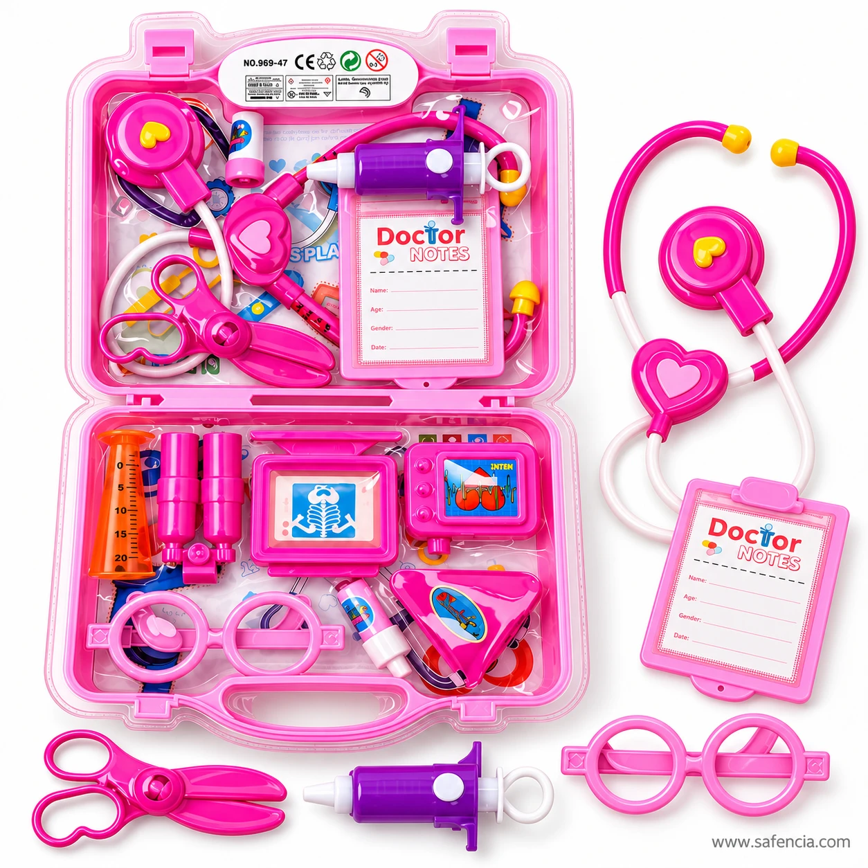 Pink toy stethoscope with a heart piece, Doctor Notes clipboard, purple syringe, pink scissors and glasses beside the case