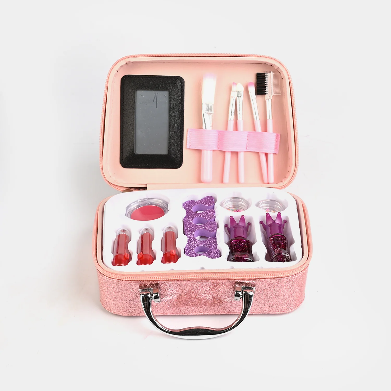 Pink Glam Makeup Train Case detail view - lip colours and brushes