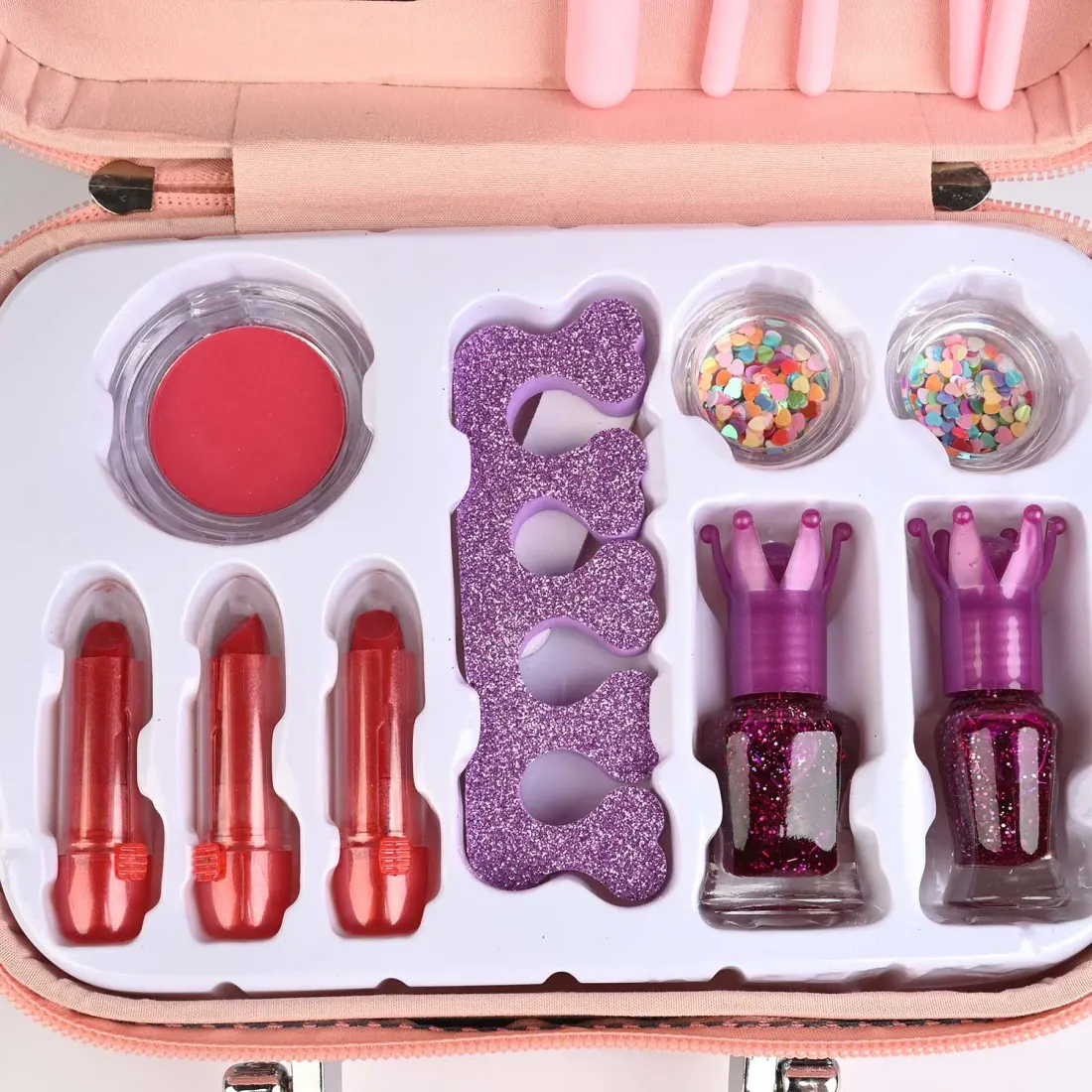Pink Glam Makeup Train Case open view - lip glosses, blush, eyeshadows, nail polish and brushes