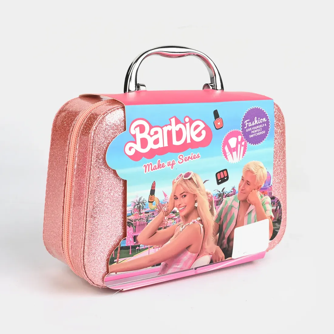 Pink Glam Makeup Train Case side view - carry handle case