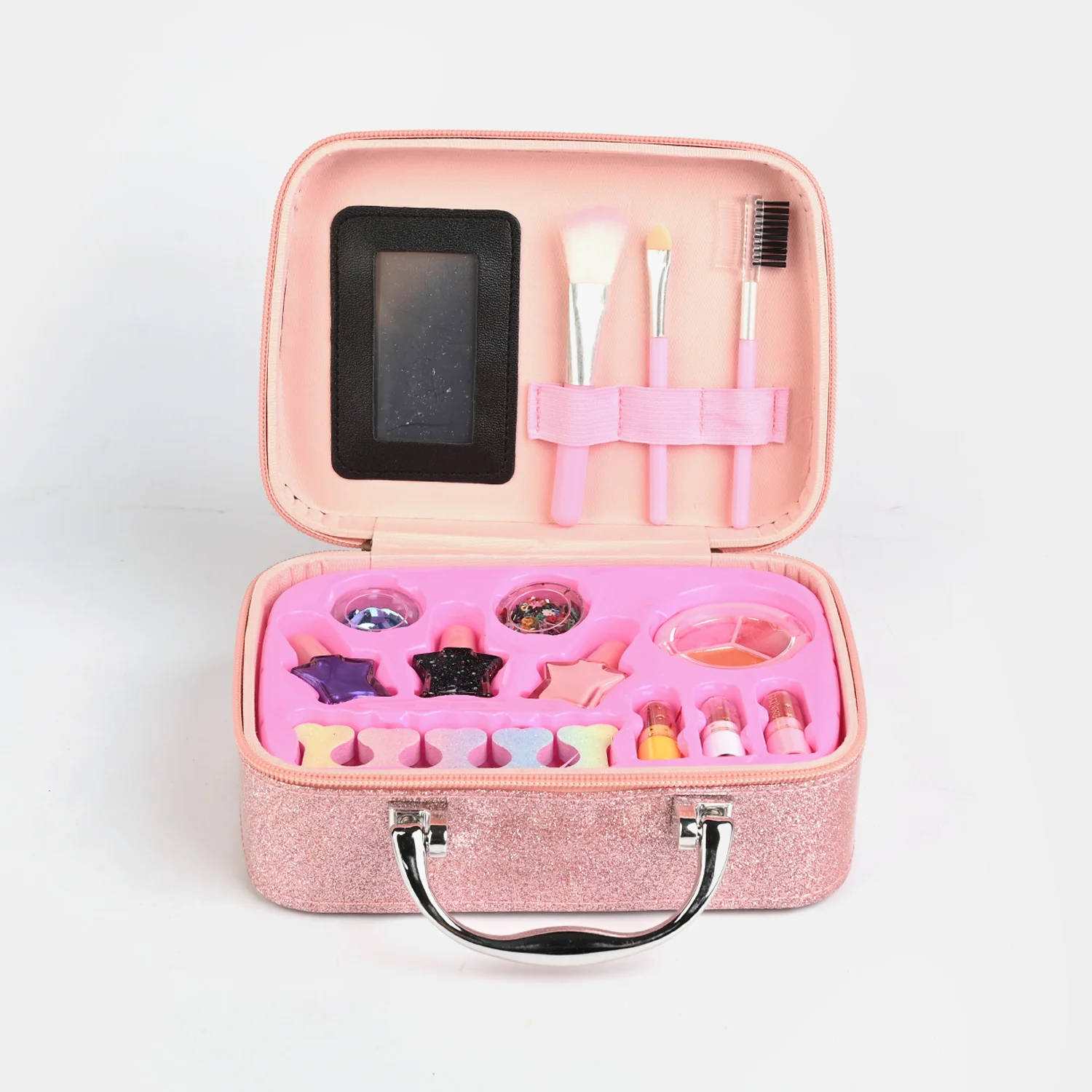 Pink Glitter Makeup Briefcase detail view - shaped eyeshadows and brushes
