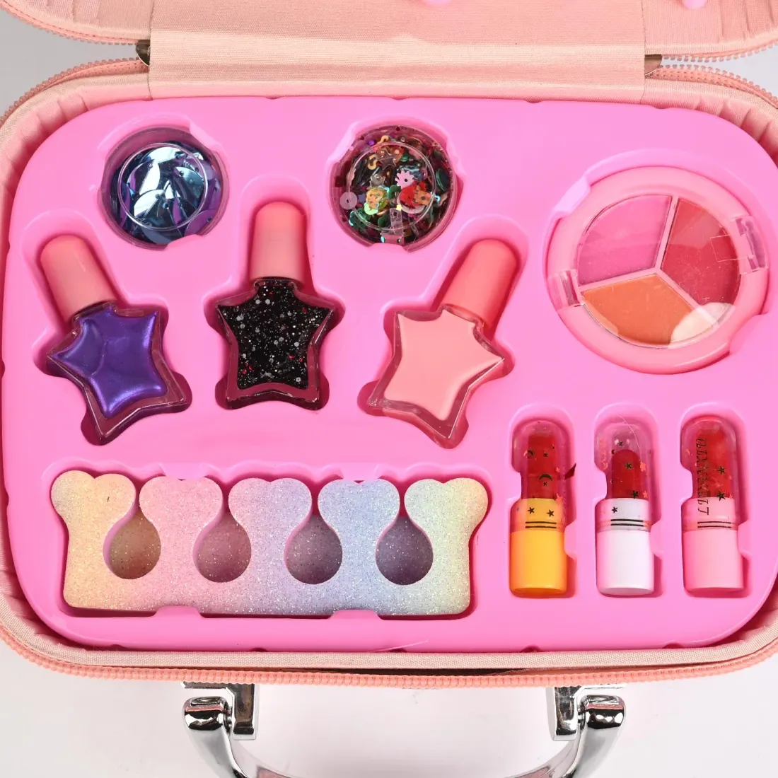 Pink Glitter Makeup Briefcase open view - eyeshadows, blush, lip glosses, nail polish and brushes
