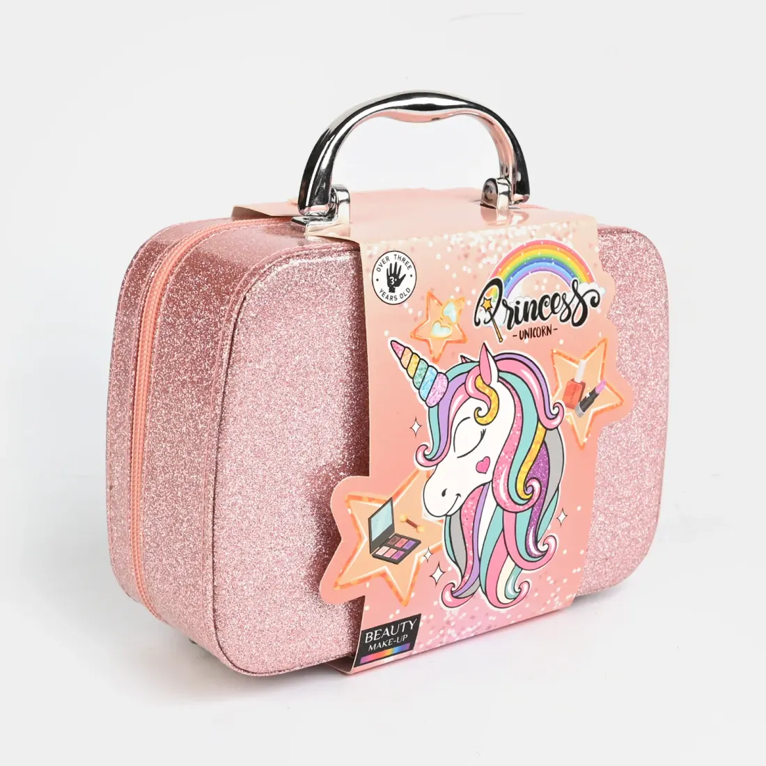 Pink Glitter Makeup Briefcase side view - carry handle case