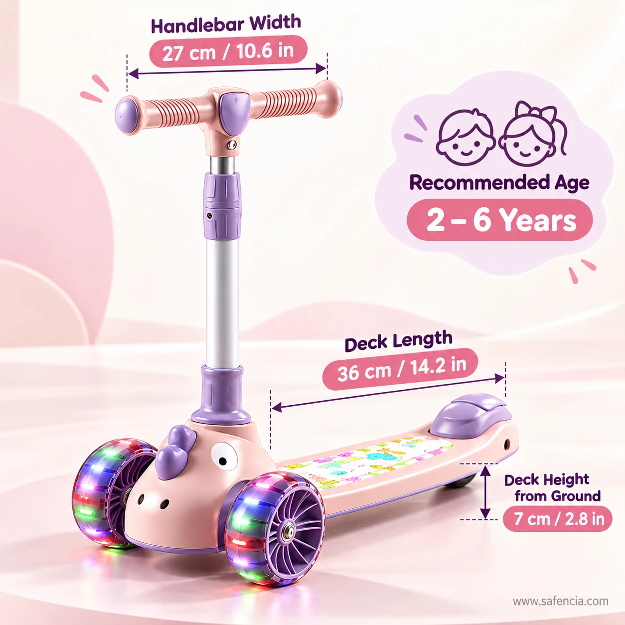 Pink kids scooty for girls marked with a 36 cm deck, 7 cm deck height, 27 cm handlebar and ages 2 to 6