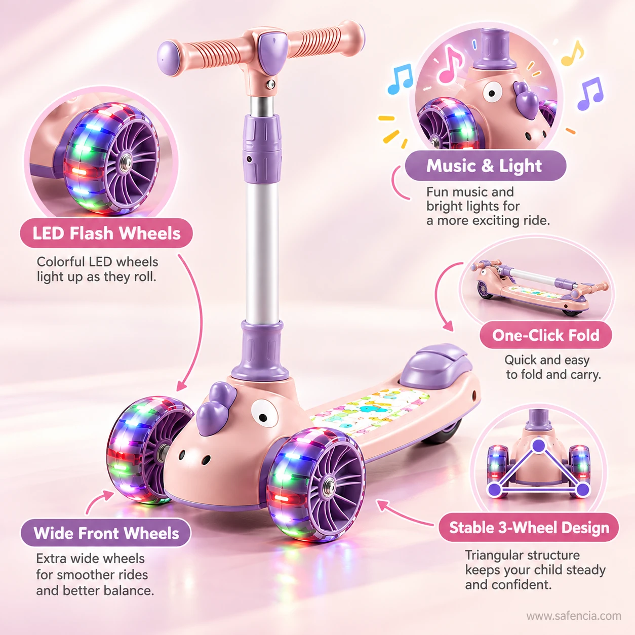 Feature panel of the pink kids scooty: LED flash wheels, music and light, one-click fold, wide front wheels