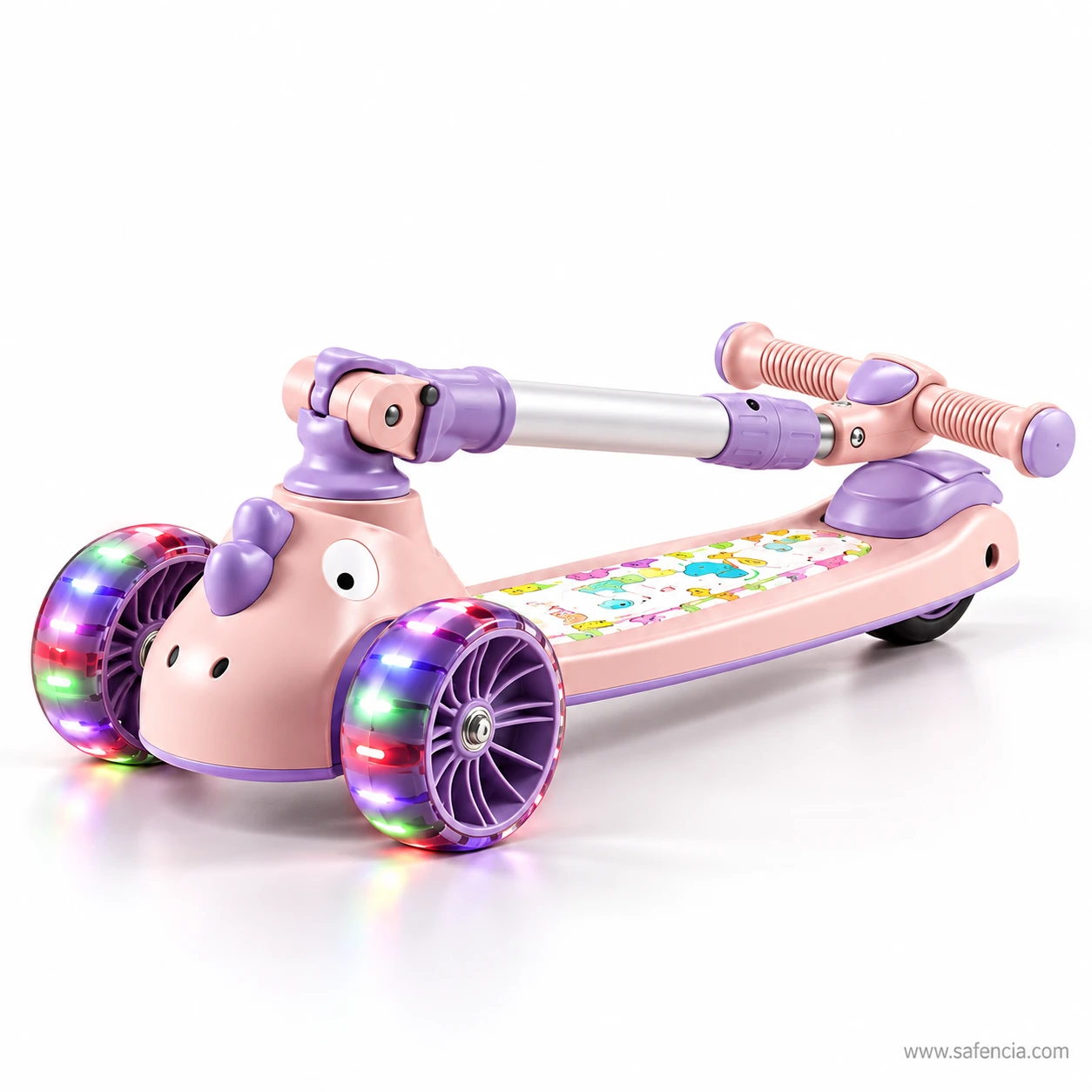 Pink kids scooty for girls folded flat with the handlebar lying along the deck