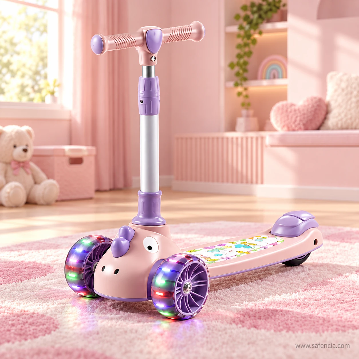 Pink kids scooty for girls standing on a fluffy rug in a pink bedroom with a teddy bear