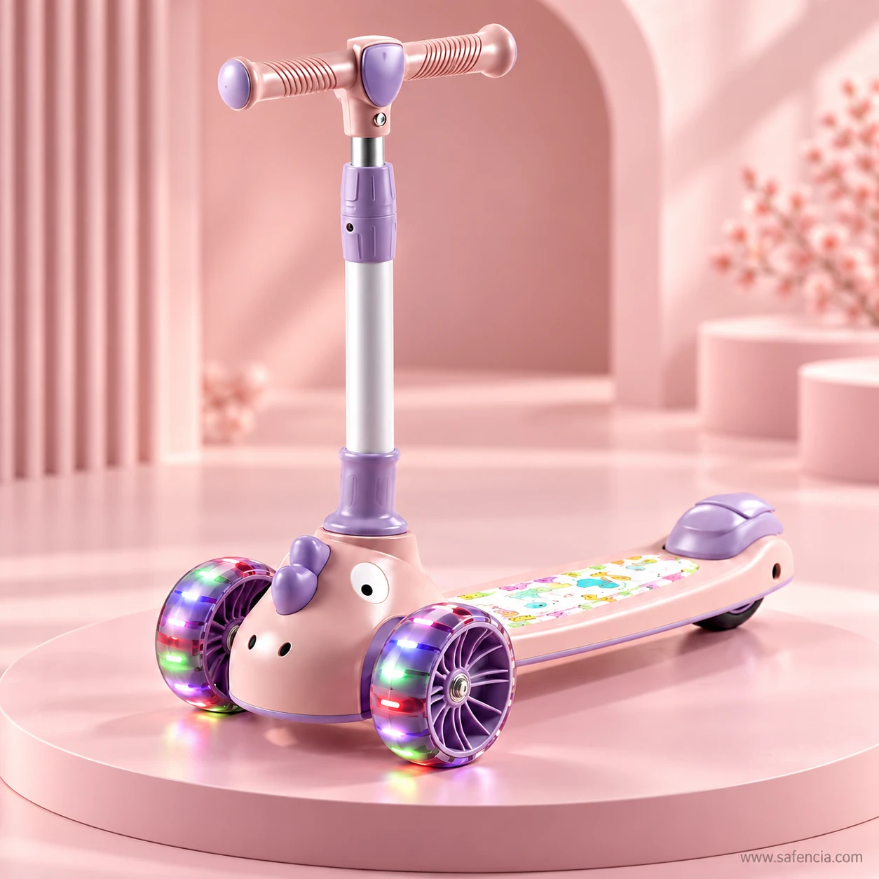 Pink kids scooty for girls on a round pink platform with its wheels and deck glowing