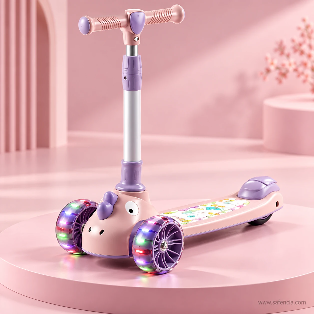 Pink kids scooty for girls standing in a soft pink room with its front wheels glowing