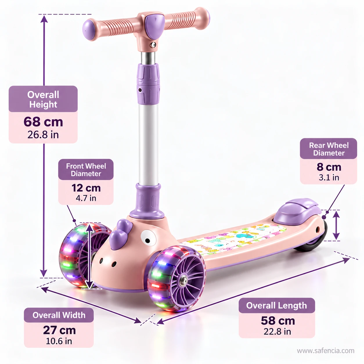 Size chart of the pink kids scooty for girls: 68 cm height, 27 cm width, 58 cm length, 12 cm and 8 cm wheels