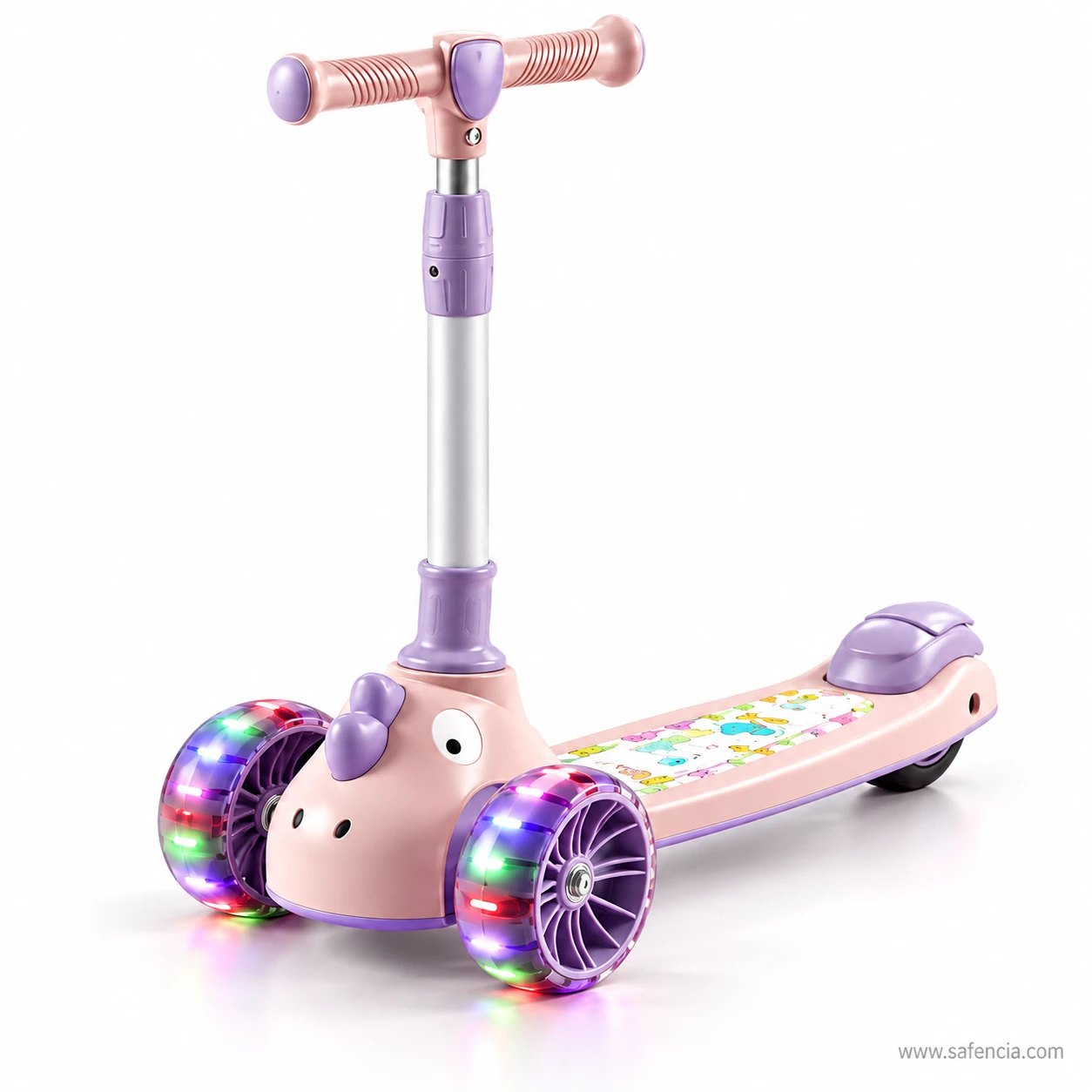 Pink kids scooty for girls at three-quarter view with the horned cartoon face and flashing wheels