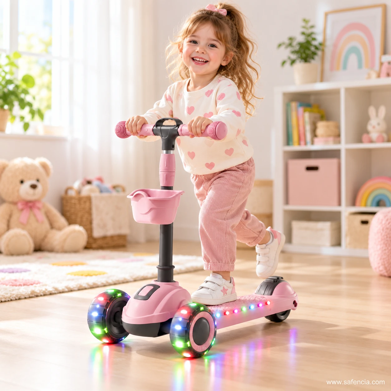 Happy girl riding the pink kids scooty with basket across a playroom floor