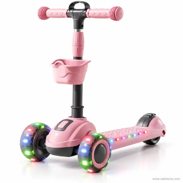 Pink Kids Scooty with Front Basket, Carry Handle, Light-Up Wheels and Music