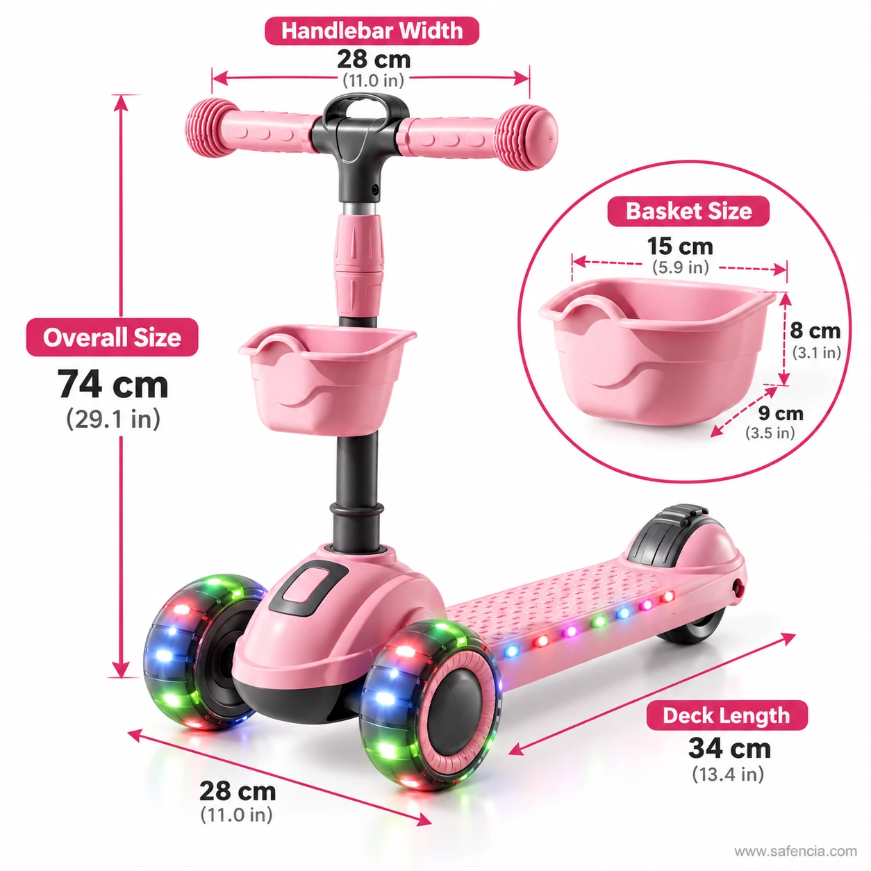 Pink kids scooty size chart: 74 cm overall, 28 cm handlebar, 34 cm deck length, basket 15 x 9 x 8 cm