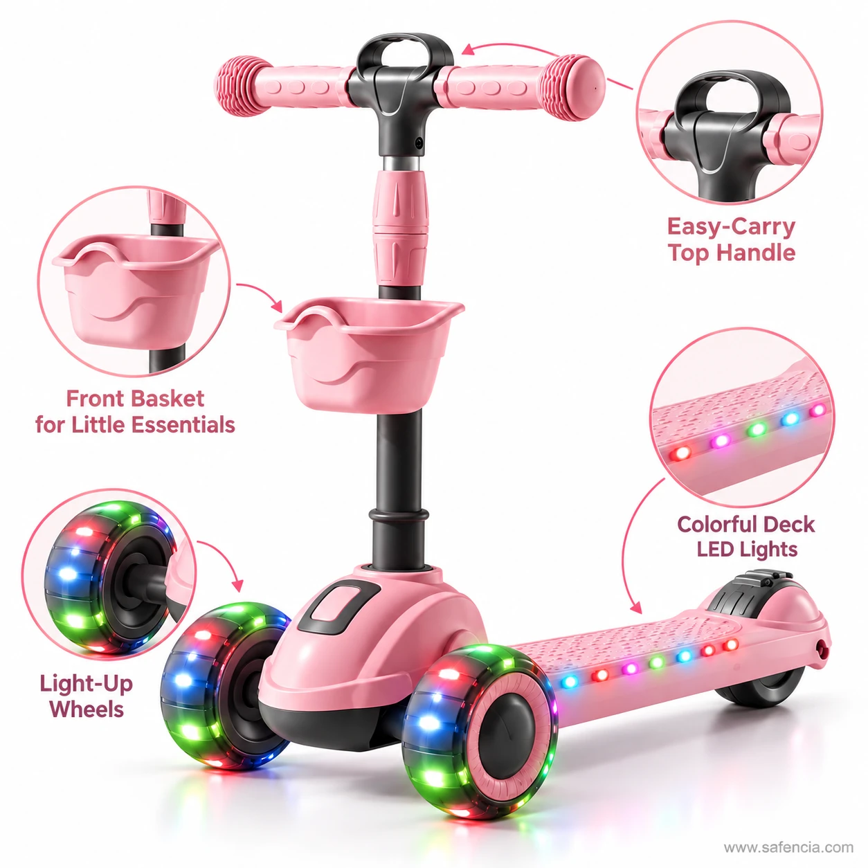 Feature panel of the pink kids scooty: front basket, easy-carry top handle, light-up wheels, deck lights