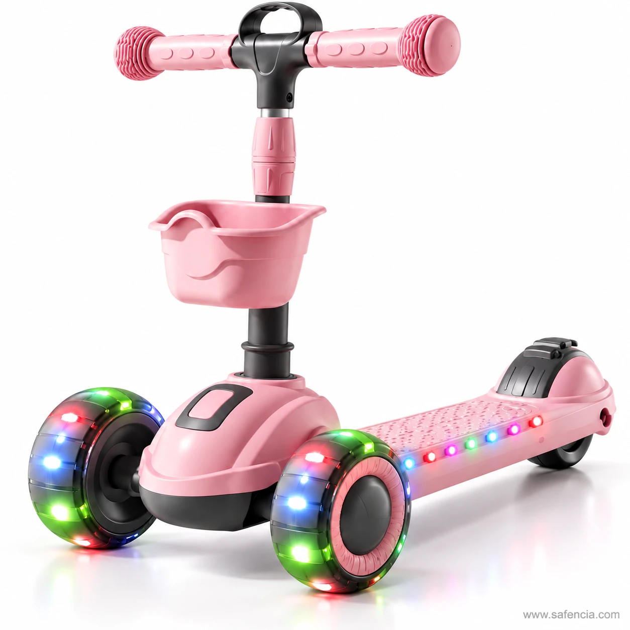 Front angle of the pink kids scooty with basket showing the carry handle and lit front wheels