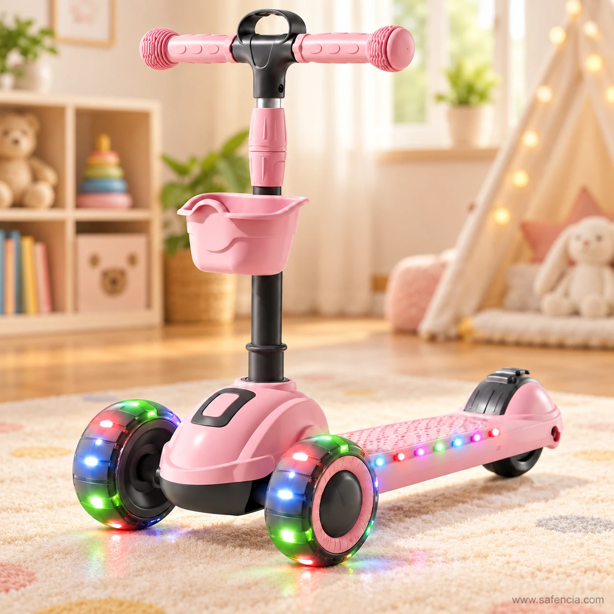 Pink kids scooty with basket standing in a playroom beside a teepee and teddy bear