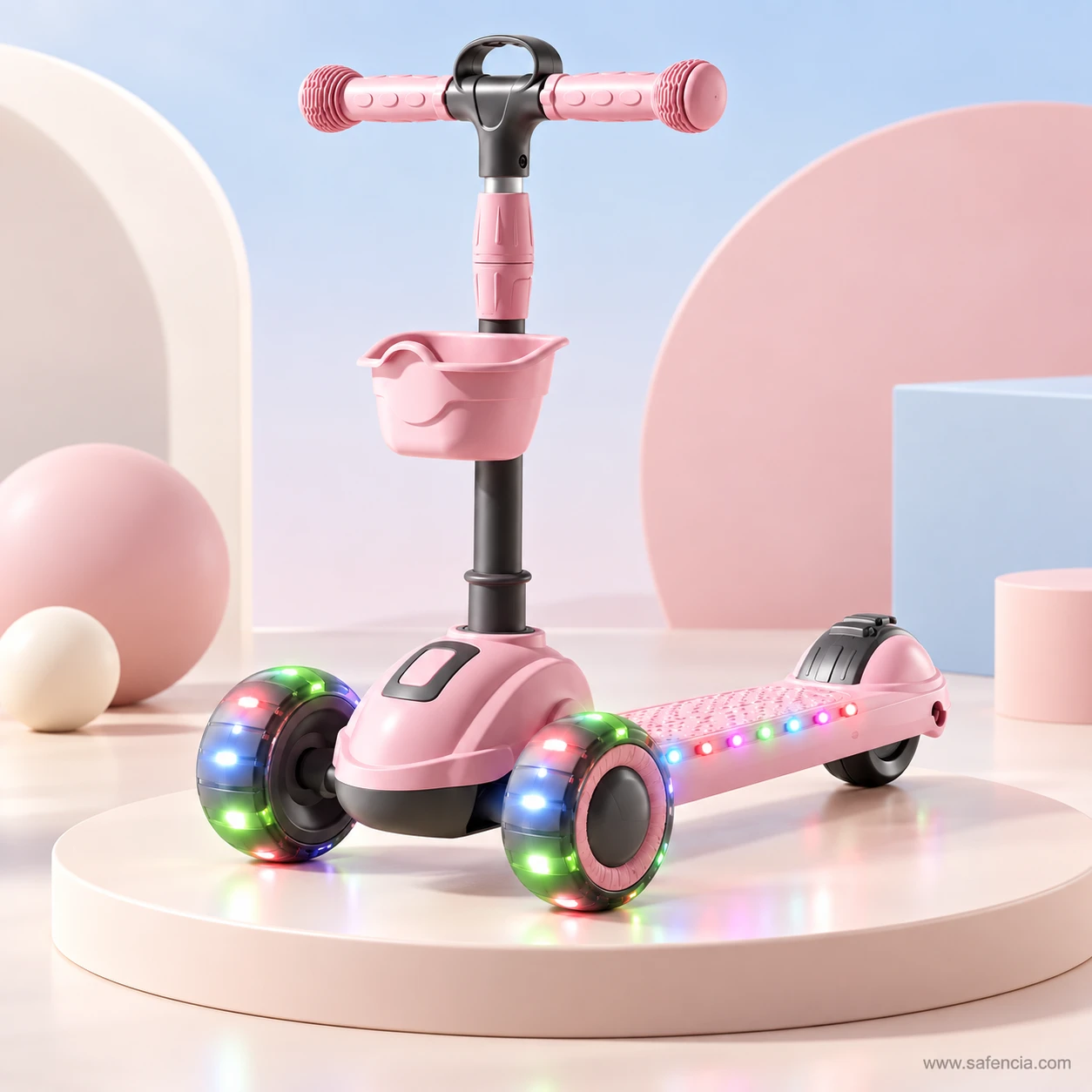 Pink kids scooty with basket on a round pink platform with glowing wheels