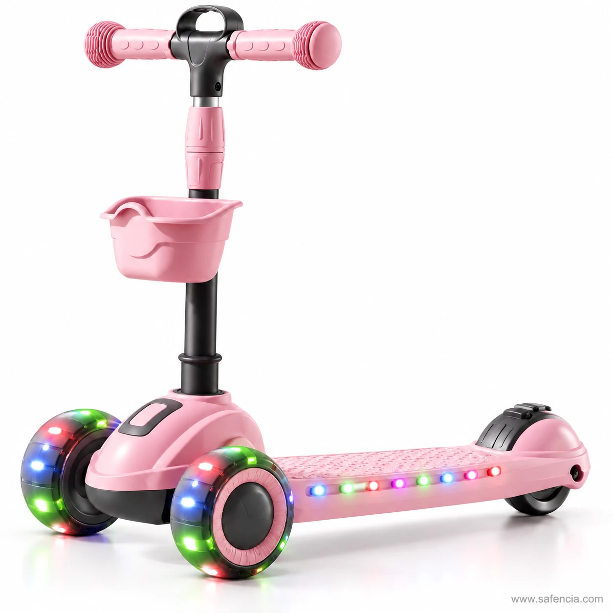 Pink kids scooty with front basket seen from the side with flashing wheels and deck lights