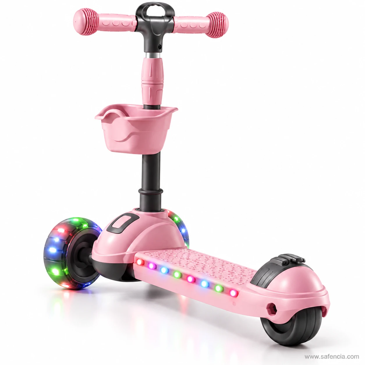 Side view of the pink kids scooty with basket showing the thick deck and enclosed rear brake
