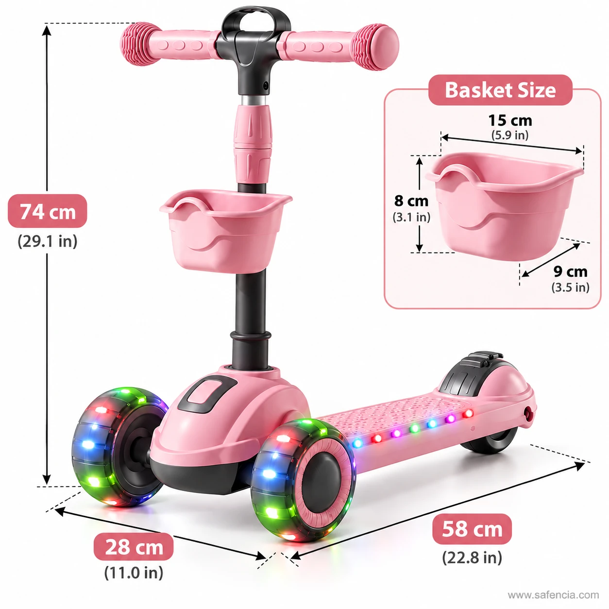 Size chart of the pink kids scooty with basket: 74 cm height, 28 cm width, 58 cm length, basket size
