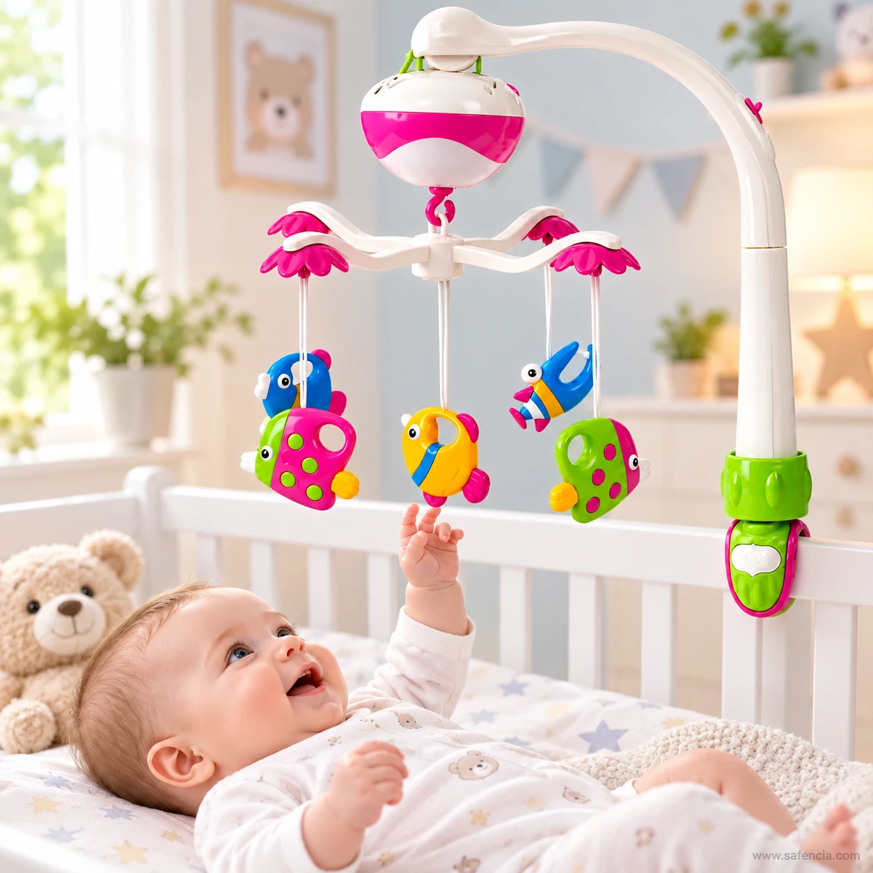 Nursery scene of a baby on their back reaching up towards the hanging fish figures