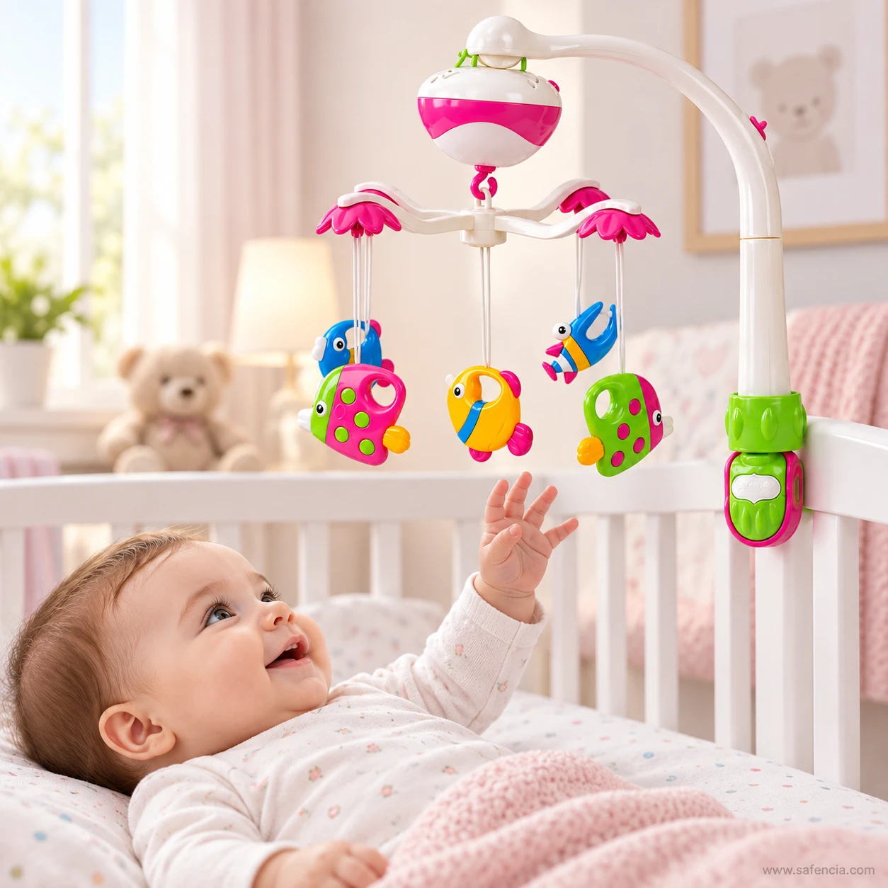 Nursery scene with the pink cot mobile clamped to a cot rail above a baby lying down