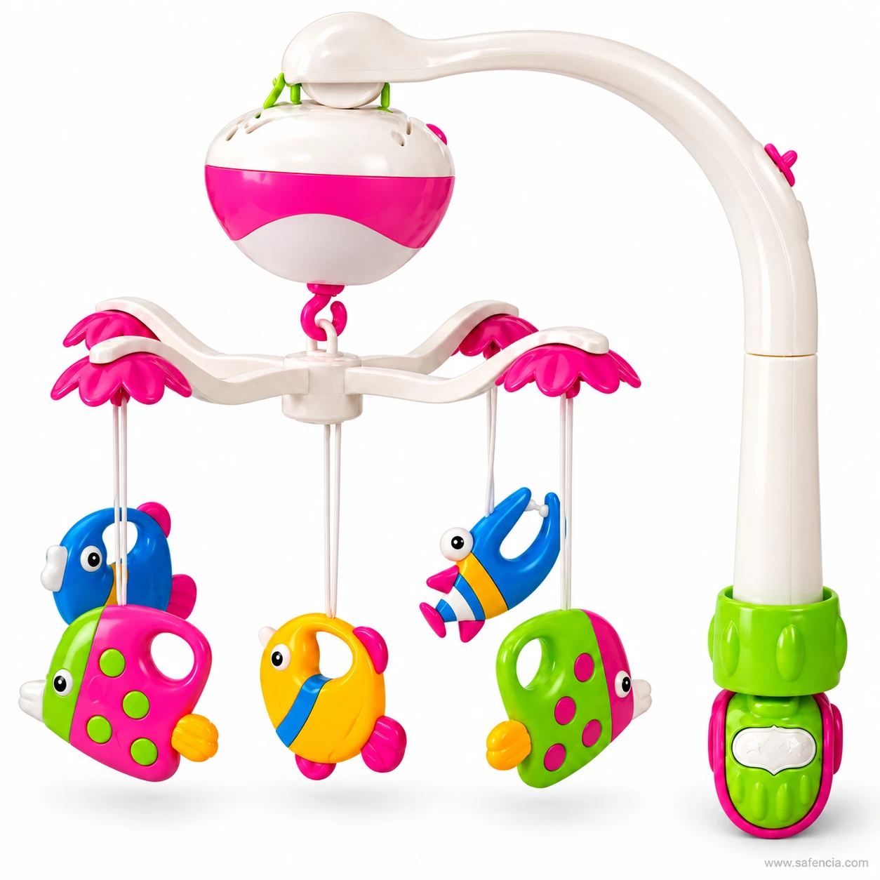 The five hanging figures on the cot mobile: fish in pink, green, yellow and blue with a bird