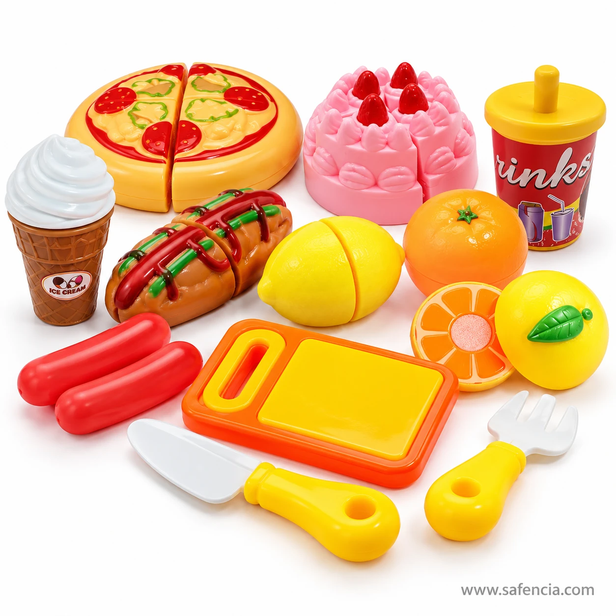 Toy hot dog cut through its bun next to the pizza, strawberry cake, orange slice, sausages, board, knife and fork